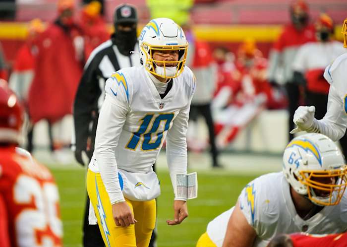 Herbert checks the defense pre-snap against the Kansas City Chiefs.